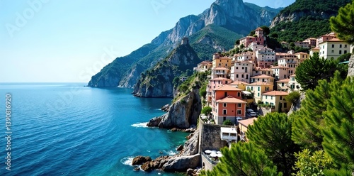 Scenic view of Atrani town nestled among cliffs with turquoise sea along Amalfi coast in Italy,  houses,  cliffs