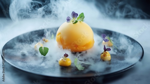 An exquisite molecular gastronomy dish featuring a delicate sphere of mango foam, artfully placed on a sleek black plate.