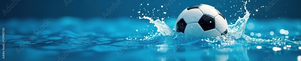 Naklejka premium Soccer ball in blue water ripples with dynamic splash effects on vibrant background, soccer, background
