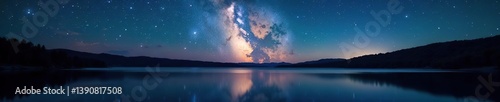 Stunning panoramic night sky with Bright Milky Way over serene lake,  astronomy,  nature
