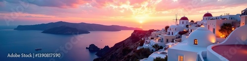 Stunning panoramic view of Santorini island in Greece at sunrise with vibrant sky colors,  white buildings,  vacation
