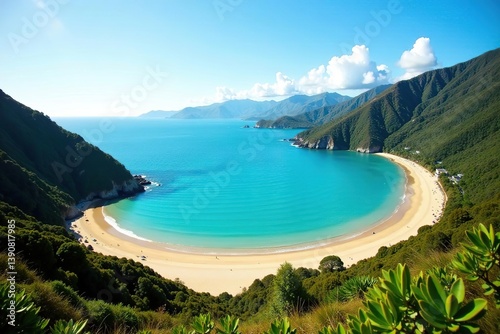 Stunning view of golden sandy beaches and turquoise waters in the Bay of Islands, New Zealand,  coastline,  beach