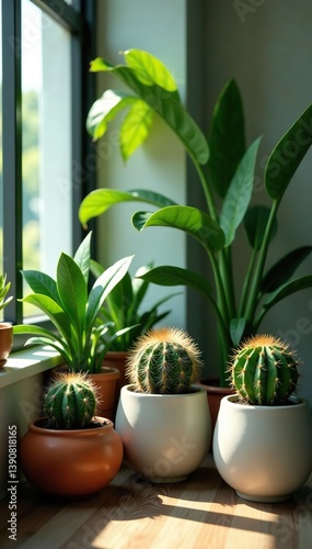 Stylish home garden interior with beautiful plants, cacti, succulents, air plant in unique pots Home gardening, jungle, copy space,  pots,  home gardening