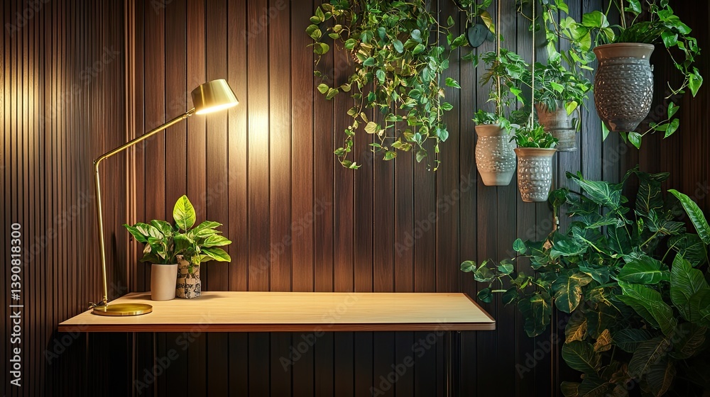 A corner mid-century office setup with a trapezoidal birch desk aligned next to a dark wood-paneled wall
