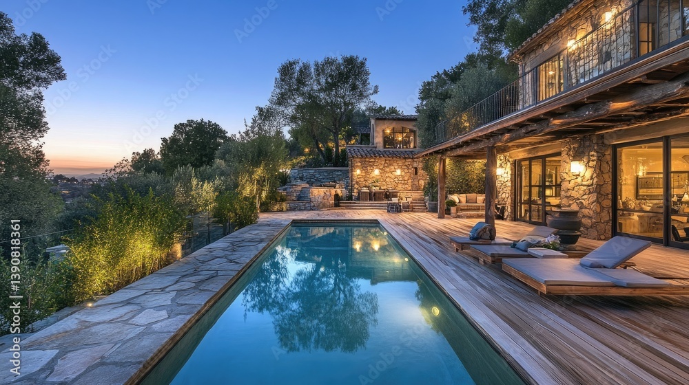 Fototapeta premium Serene Luxury Villa with Pool Surrounded by Nature at Dusk, Capturing Tranquility and Elegance in Modern Architecture