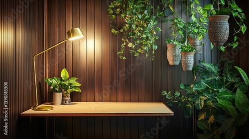 Obraz na płótnie A corner mid-century office setup with a trapezoidal birch desk aligned next to a dark wood-paneled wall w salonie