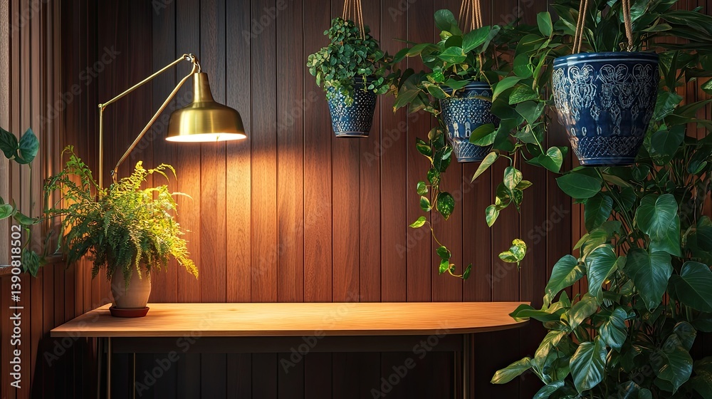 A corner mid-century office setup with a trapezoidal birch desk aligned next to a dark wood-paneled wall