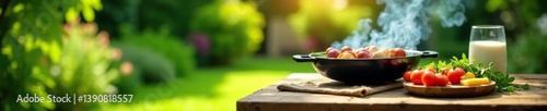 Summer time in backyard garden with grill BBQ set up on wooden table, surrounded by lush greenery with a blurred background,  barbecue,  relaxation