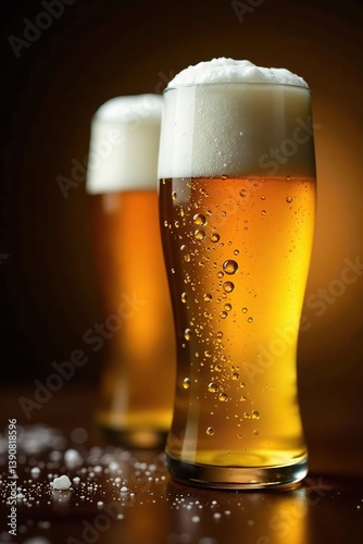 Texture water drops on the surface of a cold beer bottle with a blurred beer background,  cool,  close-up