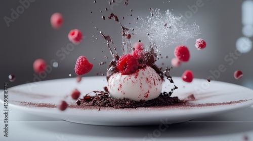 A gourmet molecular cuisine dish featuring a perfectly plated deconstructed dessert with liquid nitrogen-infused raspberry spheres, chocolate soil, and delicate sugar glass.