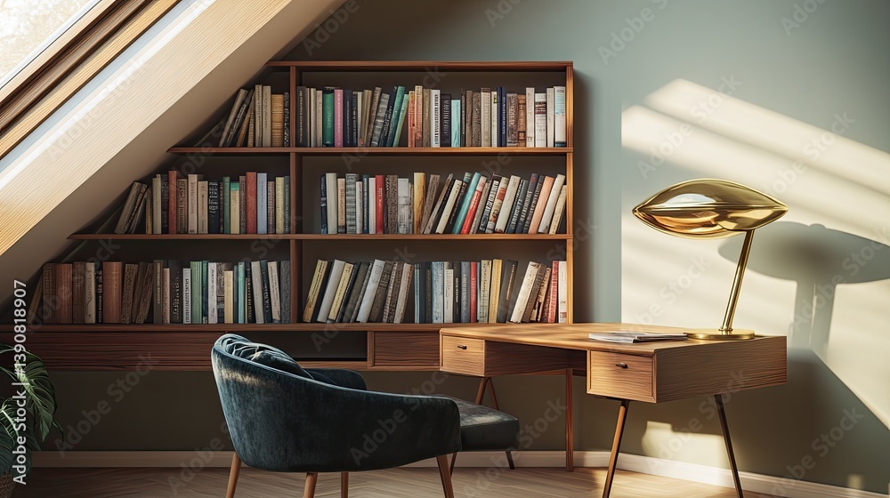 A cozy mid-century modern office tucked into a corner