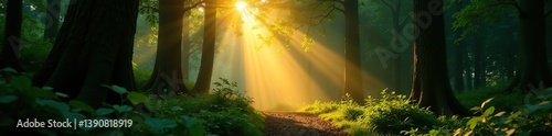 Sunlight shining through dense trees in lush forest, creating a magical and serene atmosphere, nature,  rejuvenating