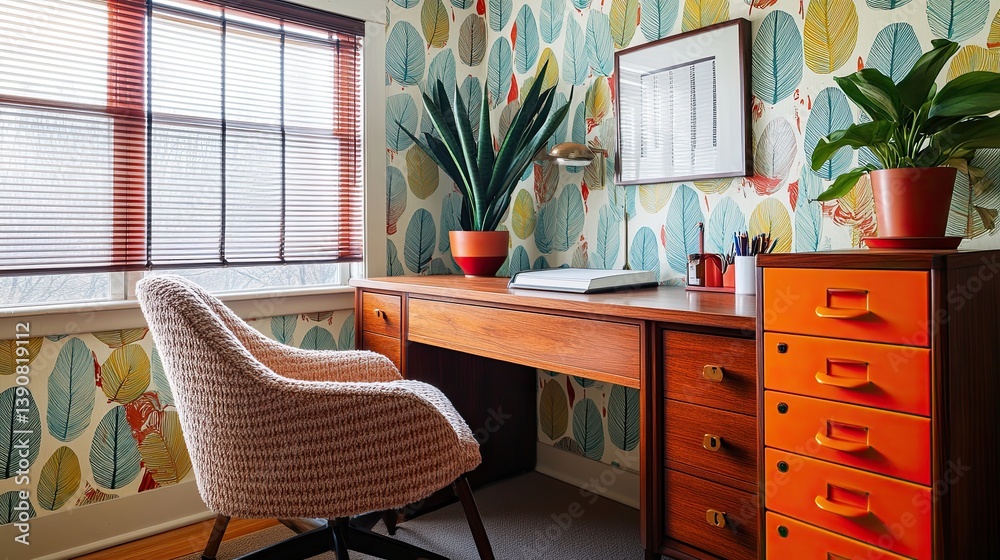 A cozy mid-century office featuring colorful wallpaper with retro leaf patterns