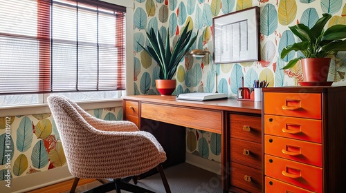 Obraz na płótnie A cozy mid-century office featuring colorful wallpaper with retro leaf patterns w salonie