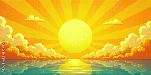 This vector illustration features a yellow retro vintage style background with sun rays, perfect for a trendy and nostalgic design,  backdrop,  80s
