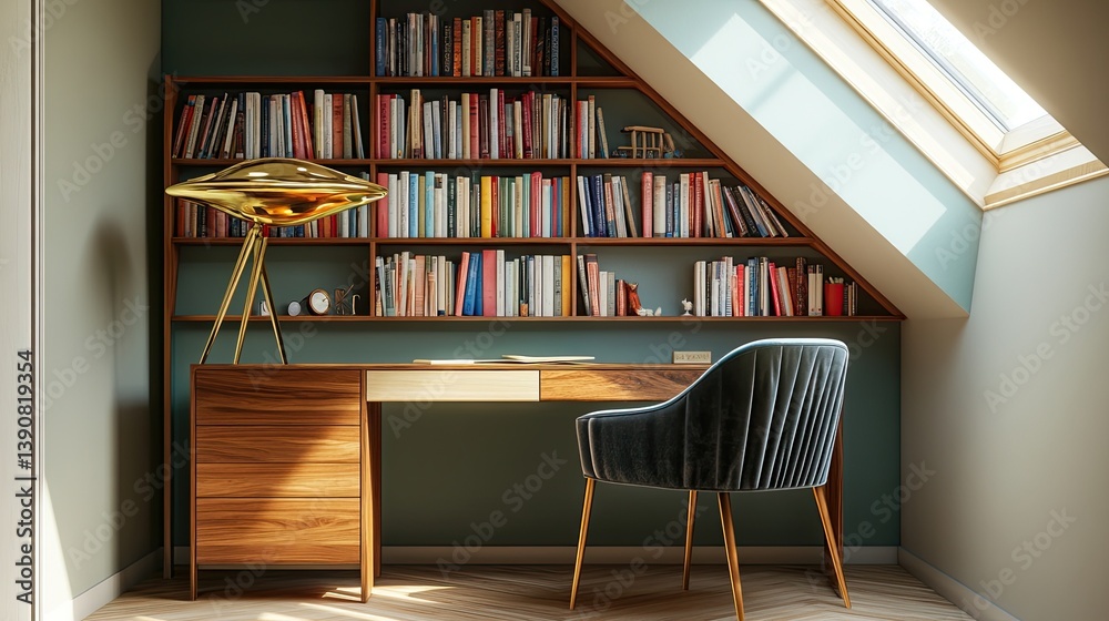 A cozy mid-century modern office tucked into a corner