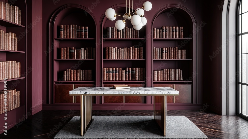 A dramatic mid-century home office with deep plum-colored walls