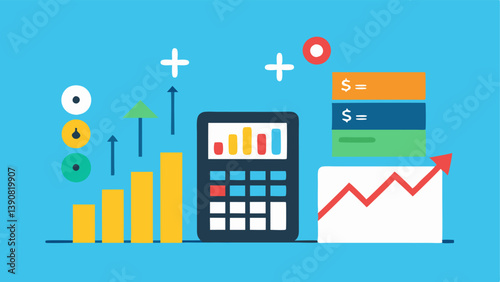 Calculator and Growth Chart A calculator next to a growth chart with various ups and downs depicting the calculations and strategies involved in investing in ETFs.