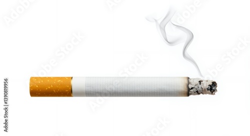 Smoking cigarette with ash and smoke on a white background