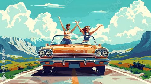 Two joyful women in a vintage convertible driving on a scenic highway with arms raised in celebration.

