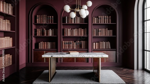 Obraz na płótnie A dramatic mid-century home office with deep plum-colored walls w salonie