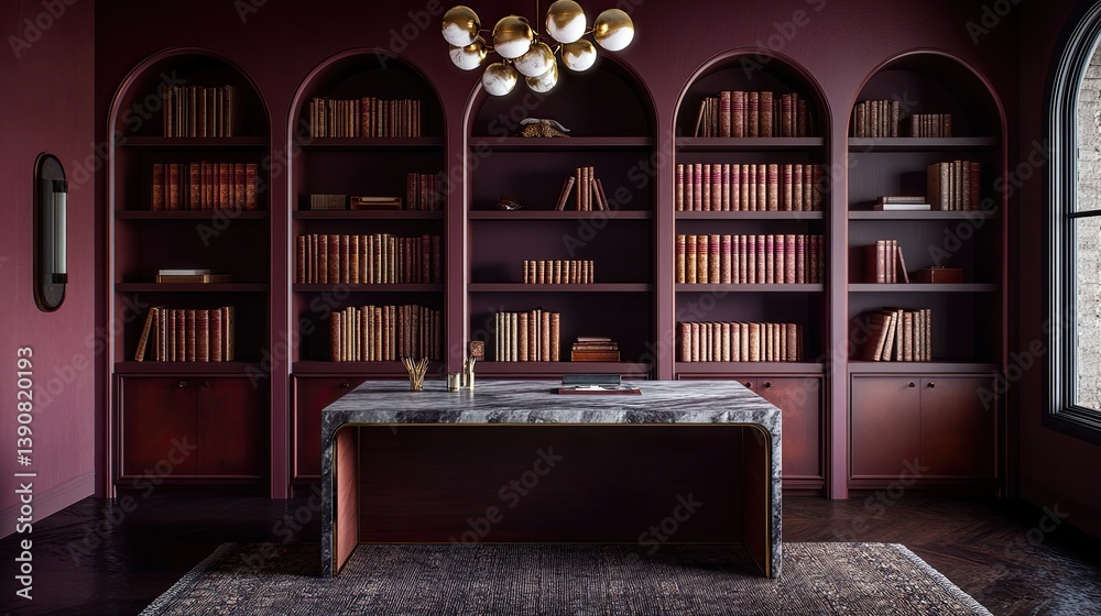 A dramatic mid-century home office with deep plum-colored walls