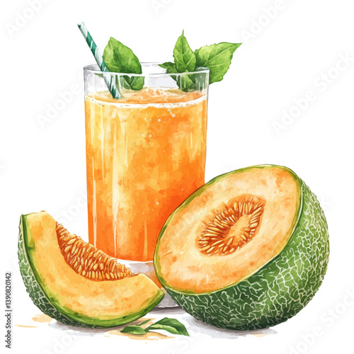 A watercolor painting of Cantaloupe Juice, isolated on a white background. Cantaloupe Juice vector

