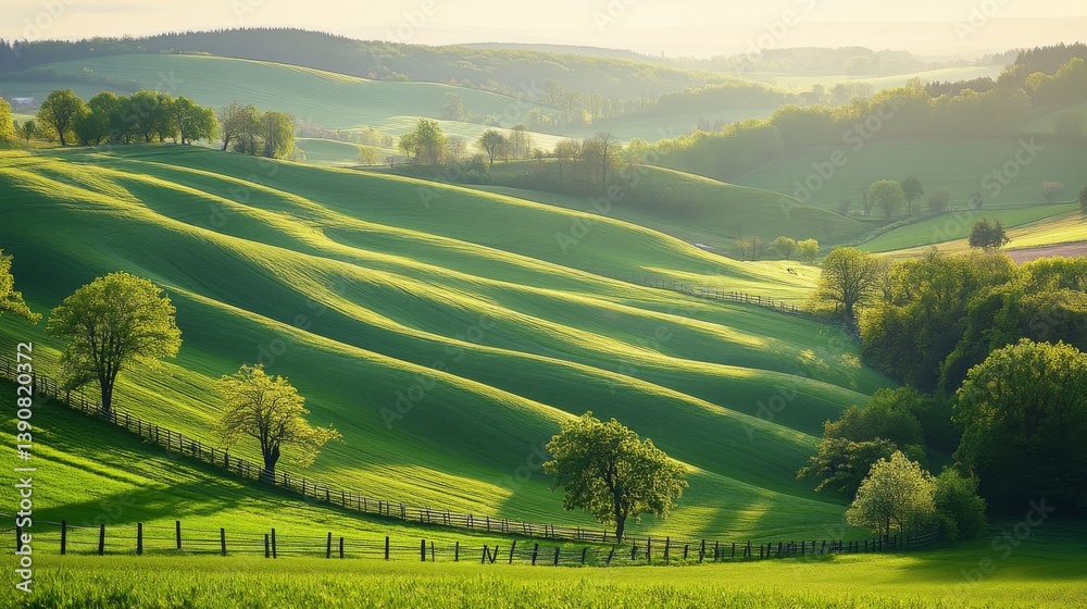 Fototapeta premium A beautiful spring landscape of the hills of South Moravia in the morning light. Rural landscape of nature with trees and fence on green hills, Czech Republic. Amazing morning light.