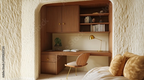 Obraz na płótnie A functional mid-century study nook built into a recessed area with teak cabinetry w salonie