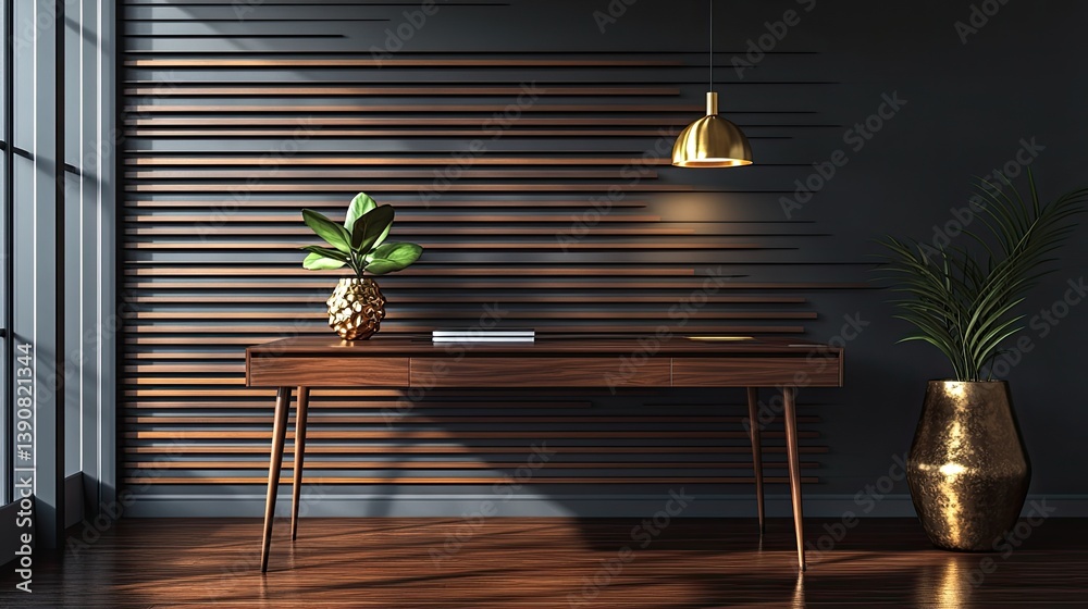 A high-contrast mid-century office setup