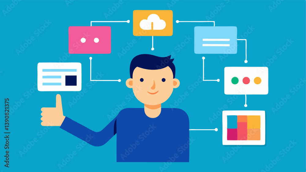 Automated Content Filter A large digital screen showing a flowchart illustrating how AI filters content with a happy team member giving a thumbsup in front of it.