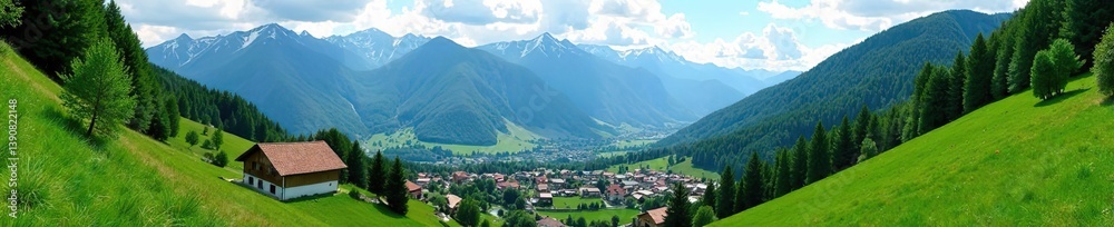 Fototapeta premium Scenic view of Slavsko village nestled in the Carpathian Mountains with lush green forests and snow-capped peaks in the background, beauty, winter
