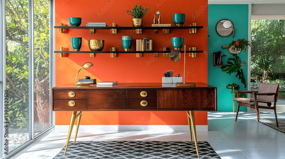 A lively mid-century modern office with a prominent orange wall