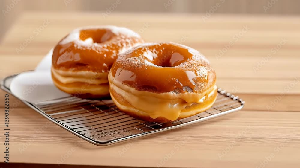 Two Caramel Cream Filled Doughnuts on a Wire Rack Sweet Indulgence Dessert Treat Pastry Delights