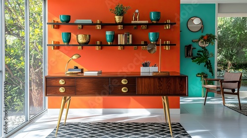 Obraz na płótnie A lively mid-century modern office with a prominent orange wall w salonie
