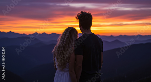 A couple standing together, holding hands, watching a stunning sunset over the mountains. Ideal for content on love, outdoor adventures, serenity, and romantic landscapes.