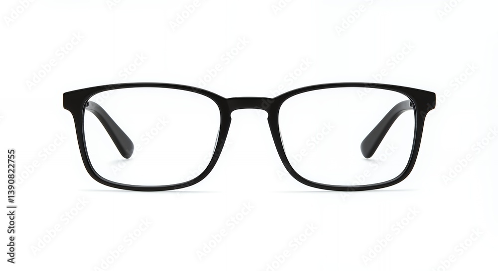 Modern black framed eyeglasses with clear lenses on a white background Modern black framed eyeglasses with clear lenses on a white background