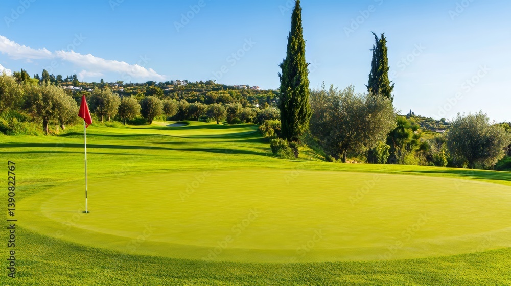 Obraz premium A golf course with a green grassy area and a red flag. The flag is on the ground