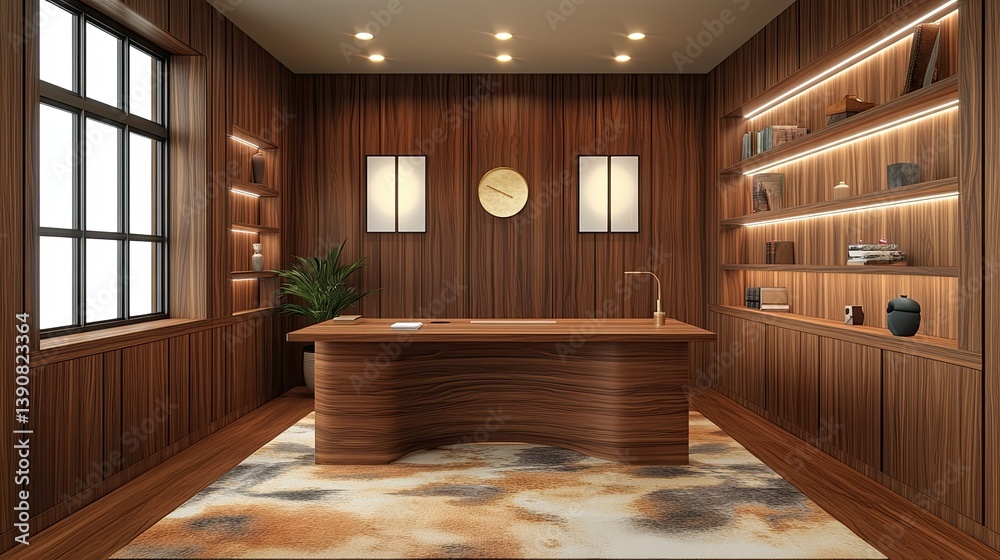 A luxurious office design with uninterrupted wood paneling on all walls
