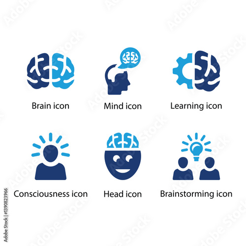 Brain, Mind, Learning, Consciousness, Head, Brainstorming, Blue Icon Set