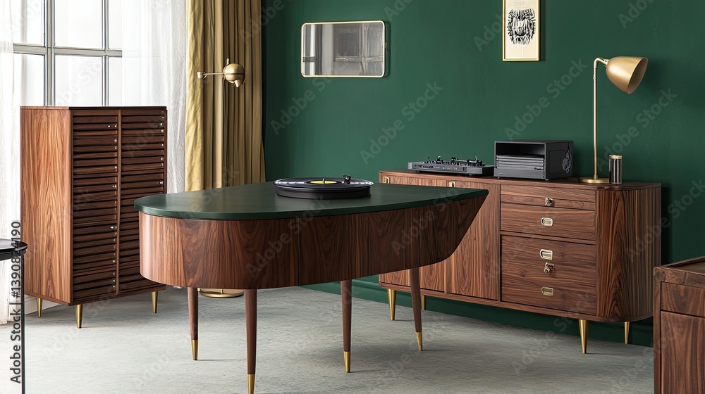 A mid-century office design with bold accents
