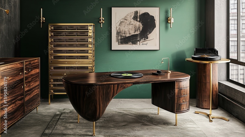 A mid-century office design with bold accents