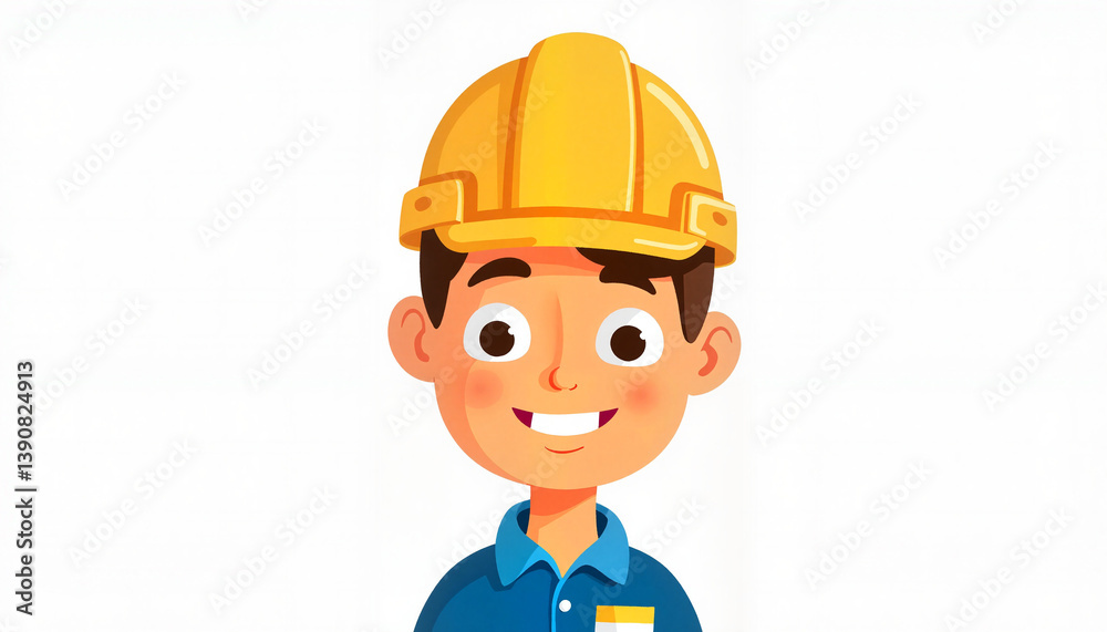 Cheerful electrician character smiling against white background, positivity