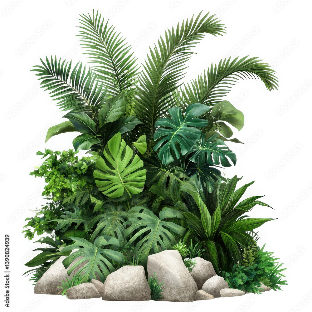Fototapeta premium Tropical jungle plants and monstera leaves with grey rocks, lush green exotic foliage arrangement, botanical garden greenery on white background