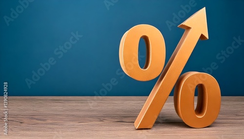 a wooden percentage sign with a rising arrow on table, large space for copy