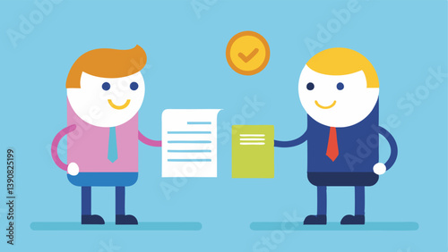 Borrower and Lender Two cartoon characters one representing a lender with a stack of coins and one representing a borrower holding a loan agreement standing back to back.