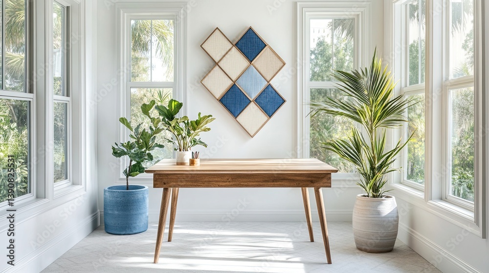 A mid-century workspace with oversized windows