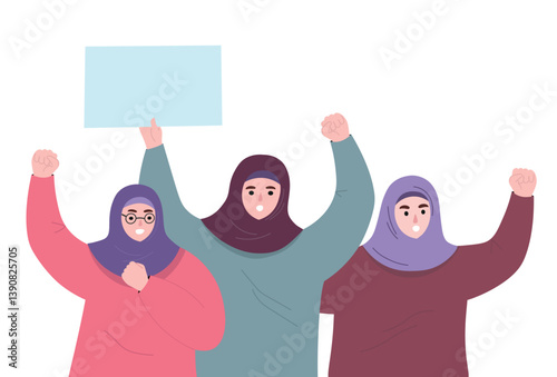 Active Muslim women in hijabs express their protest for rights. Vector flat graphics.
