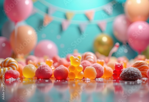 bright colorful candy assortment festive sweet treats variety smorgasbord vibrant playful backgrounds, chewy, gummy, flavor, display, decorative, party, food