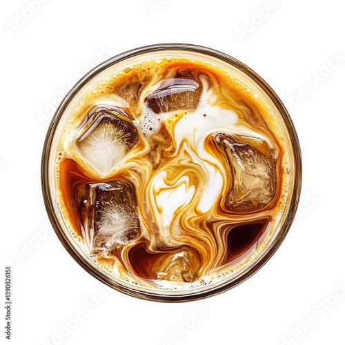 Iced coffee with cream swirls in glass from above angle isolated on white background